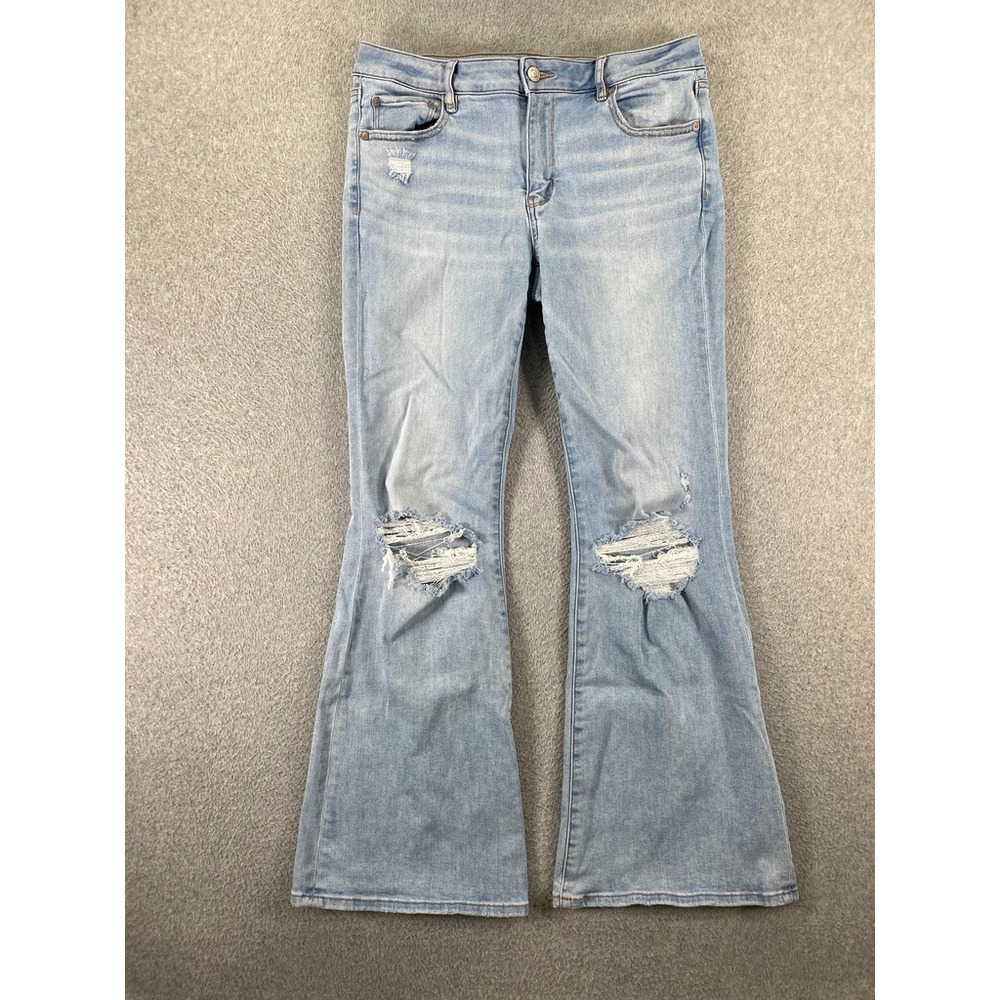 American Eagle Low Rise Flare Jeans Women's 10 Light Wash Distressed Boho Grunge